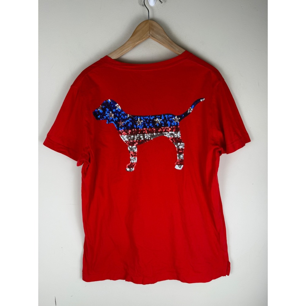 Victoria's Secret PINK Red Short Sleeve Crew Neck T-Shirt Sequin Dog LG FLAW